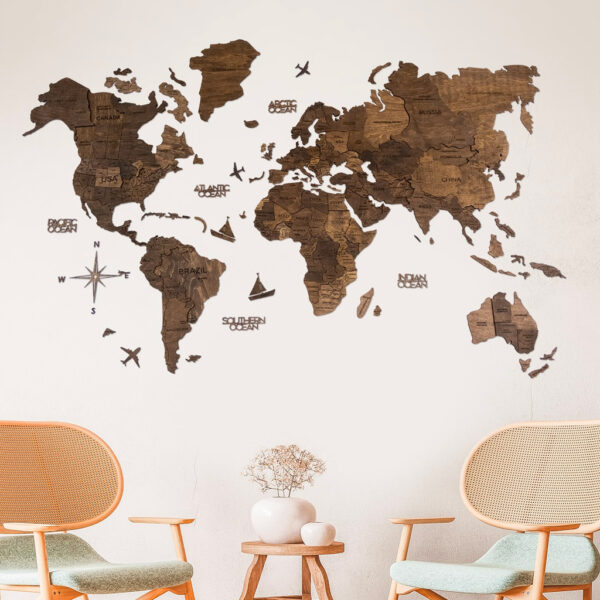 Wooden World Map 3D - Walnut - Wall Art